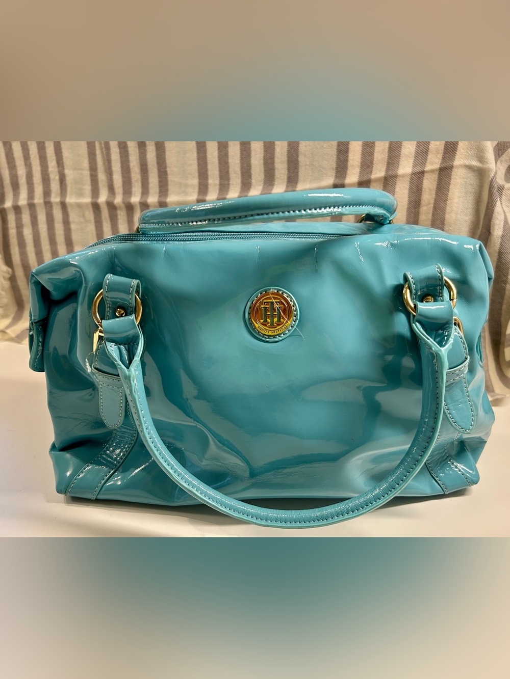 Fabulous Tommy Hilfiger Patent light blue handbag, like new condition